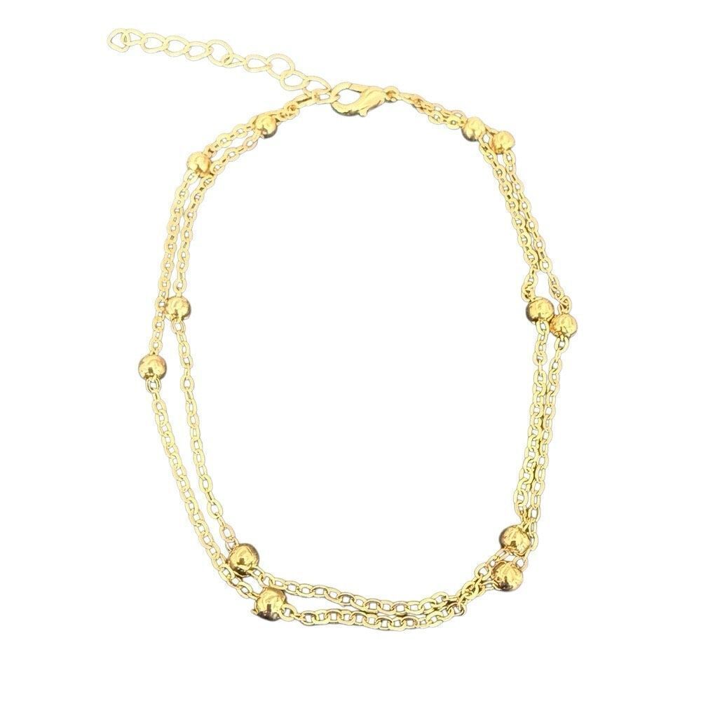 Delicate Double Layer Gold Plated Anklet - Beaded Cable Chain - Adjustable Size